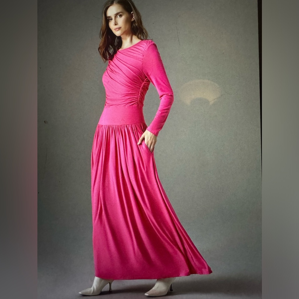 Fuchsia pink elegant draped dress with pockets and dropped waist